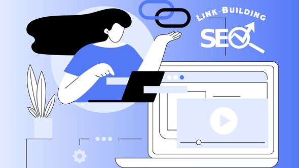 Illustration of a person working on a laptop with chain links, SEO text, and upward trend symbols representing link-building strategies.