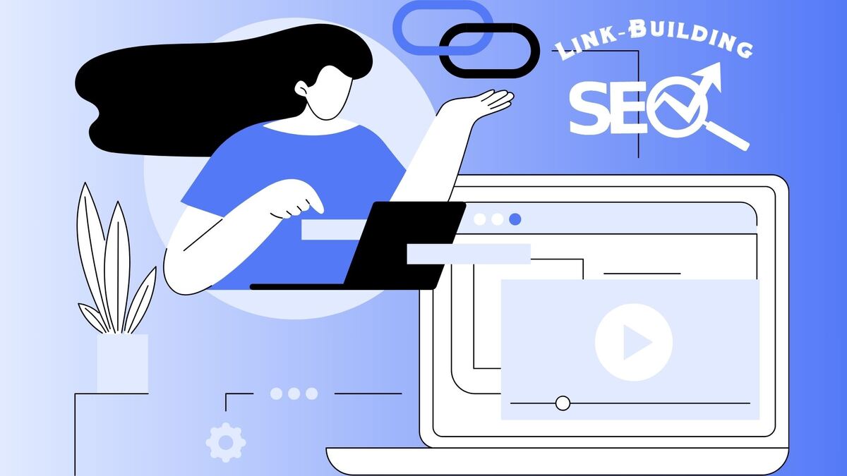 Illustration of a person working on a laptop with chain links, SEO text, and upward trend symbols representing link-building strategies.