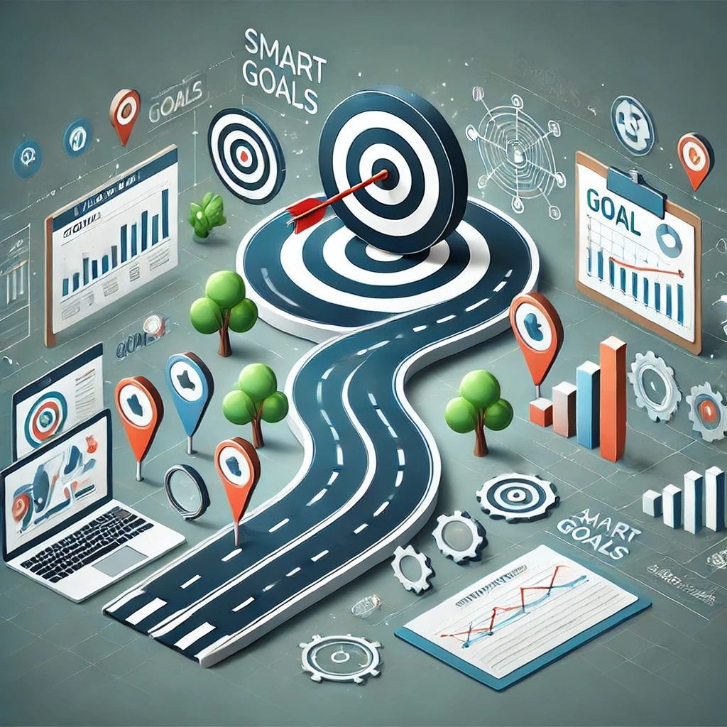 An illustration of a roadmap with milestones leading to a bullseye target, surrounded by charts, graphs, and dashboards, symbolizing goal setting, tracking, and achieving success in digital marketing.