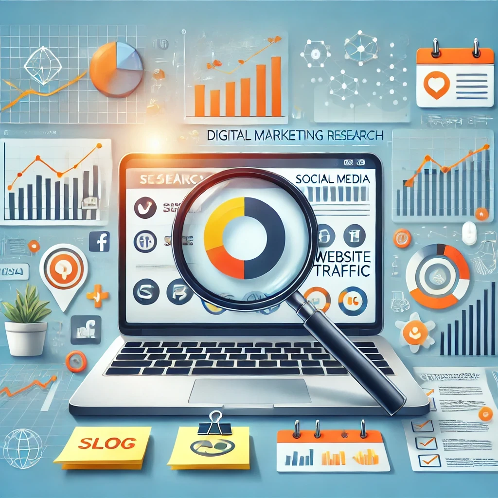 An illustration of a desk with a laptop displaying marketing graphs and charts, sticky notes, and icons representing social media, website traffic, and email analytics, symbolizing digital marketing research and actionable insights.