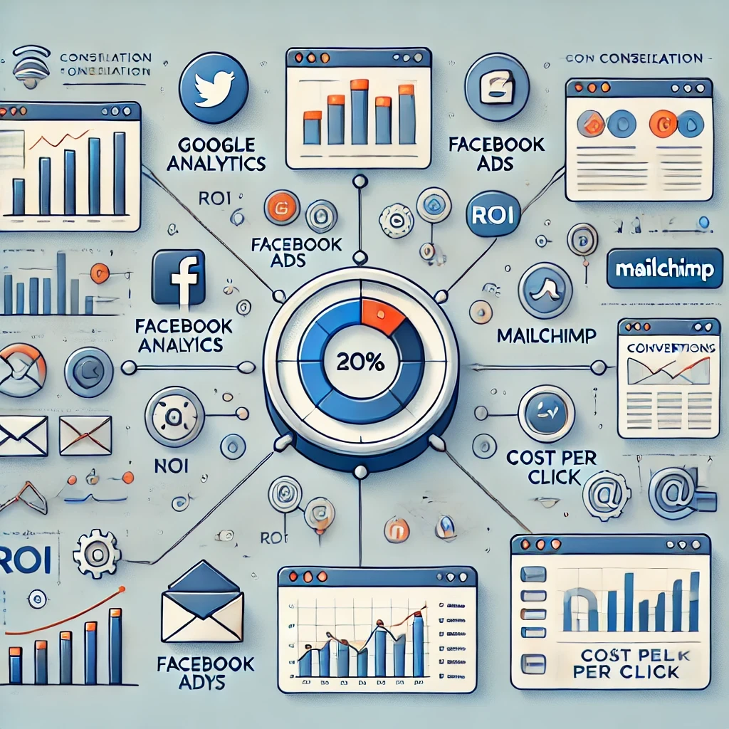 An infographic illustrating data consolidation for small businesses, featuring icons for Google Analytics, Facebook Ads, and Mailchimp connected by arrows to a unified dashboard displaying key metrics like conversions, ROI, and cost per click.