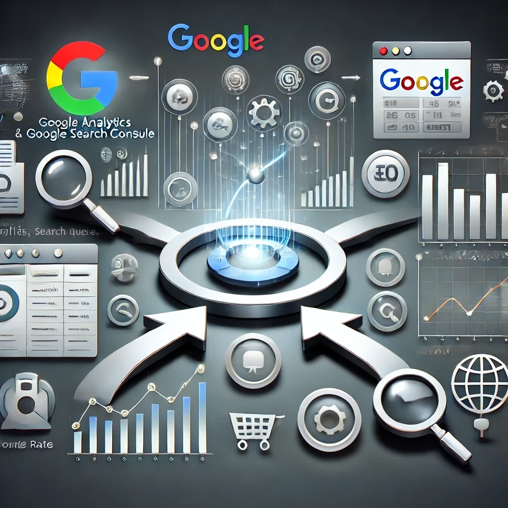 An infographic illustrating the integration of Google Analytics and Search Console into a unified SEO dashboard, displaying metrics like search queries, bounce rate, and conversions in sleek charts and graphs.