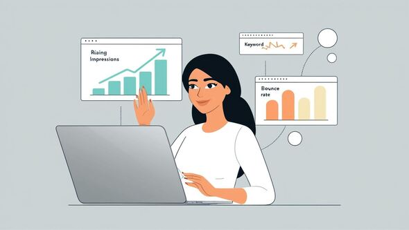 Person reviewing SEO progress with growing impressions and keyword rankings.