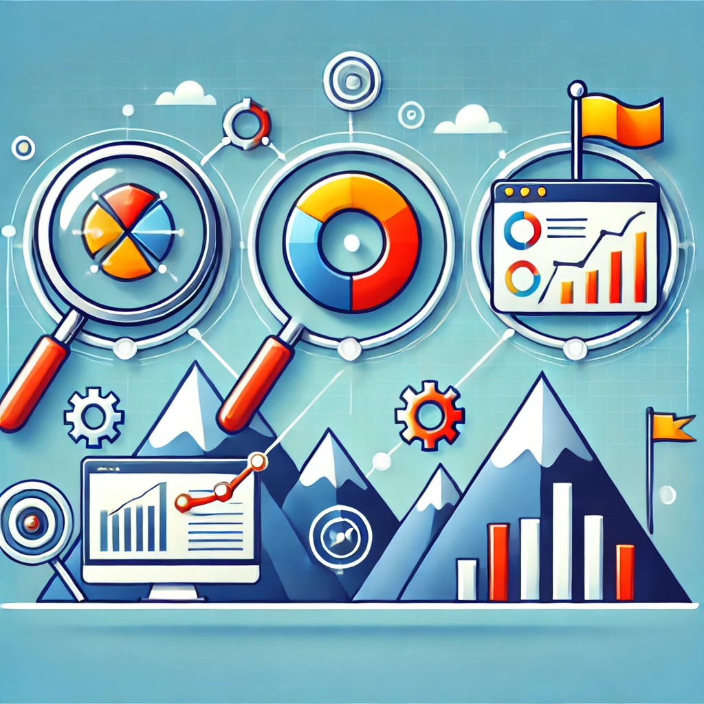 Illustration depicting the three stages of digital marketing success: a magnifying glass for research, a dashboard with charts for monitoring, and a flag on a mountain peak for goal setting, symbolizing clarity and simplicity.