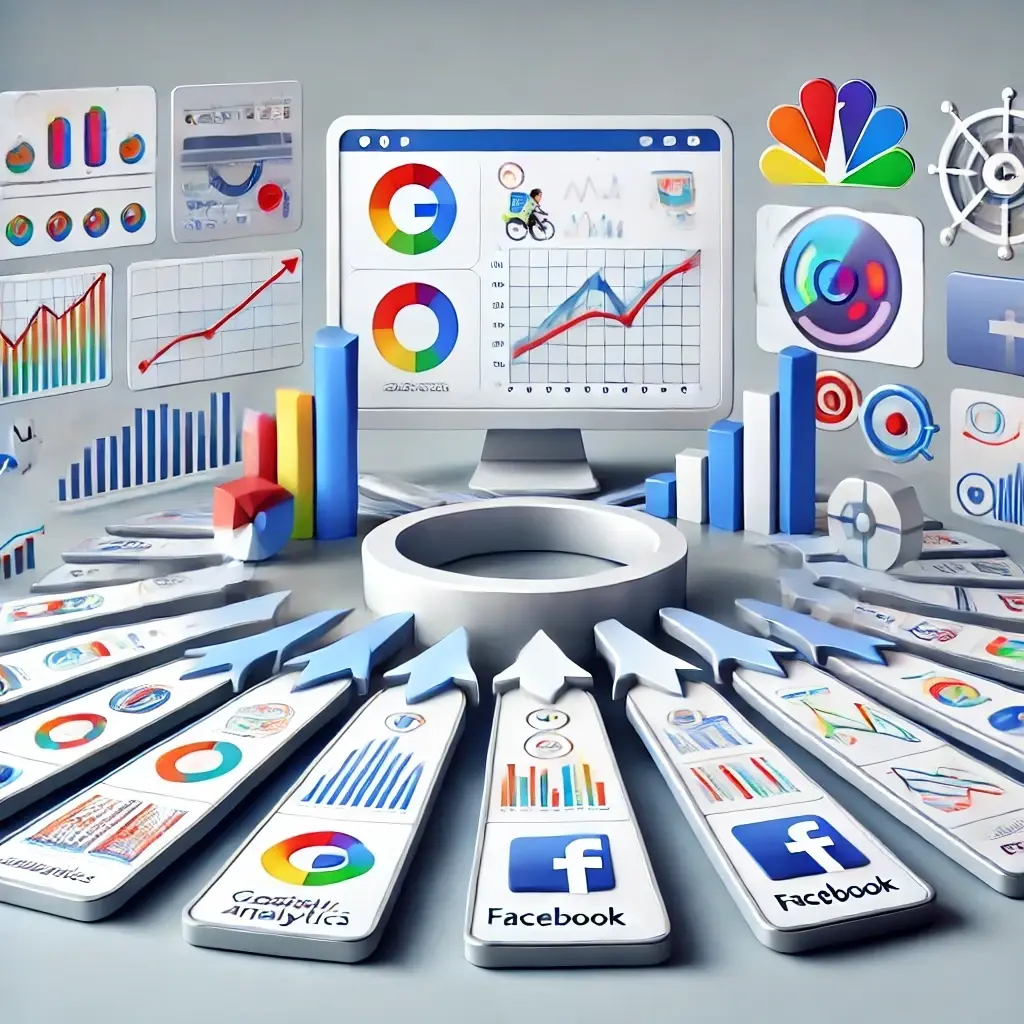 An infographic showing how data from platforms like Google Analytics, Google Search Console, and Facebook Pages flows into a centralized unified dashboard. The dashboard displays metrics like clicks, impressions, and conversions in a visually organized interface.