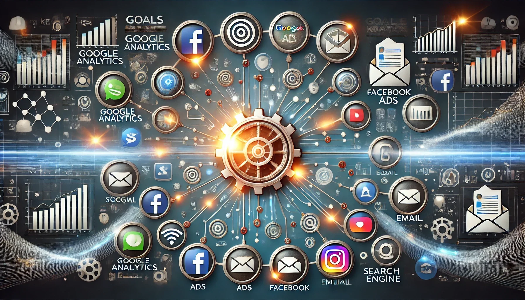 A central hub representing goalskeeper.io, connected to various marketing platforms like Google Analytics, Facebook Ads, email, and social media. Streams of data flow into the hub, producing simplified graphs and actionable insights.