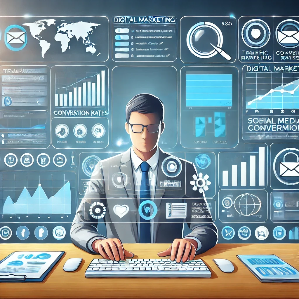 An illustration showing a professional marketer at a desk with multiple screens displaying marketing dashboards, including graphs, charts, and metrics like traffic sources and conversion rates, representing digital marketing monitoring.