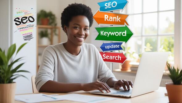 A smiling solopreneur working on a laptop with colorful DIY SEO-related signposts featuring words like 'SEO,' 'Rank,' 'Keyword,' and 'Search.'