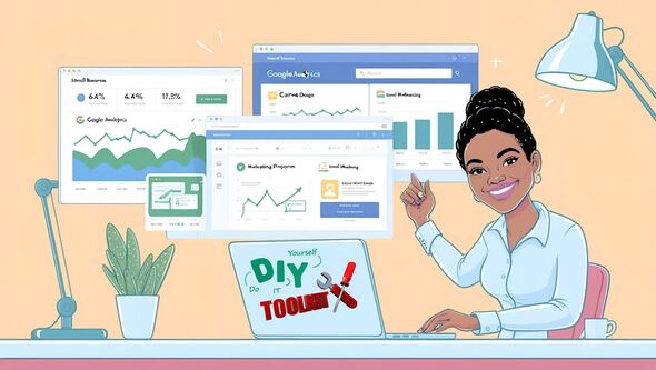 Illustration of a smiling small business owner working on a laptop with 'DIY Toolkit' displayed on the screen, surrounded by floating analytics dashboards for Google Analytics, Canva, and email marketing tools, representing DIY digital marketing success.